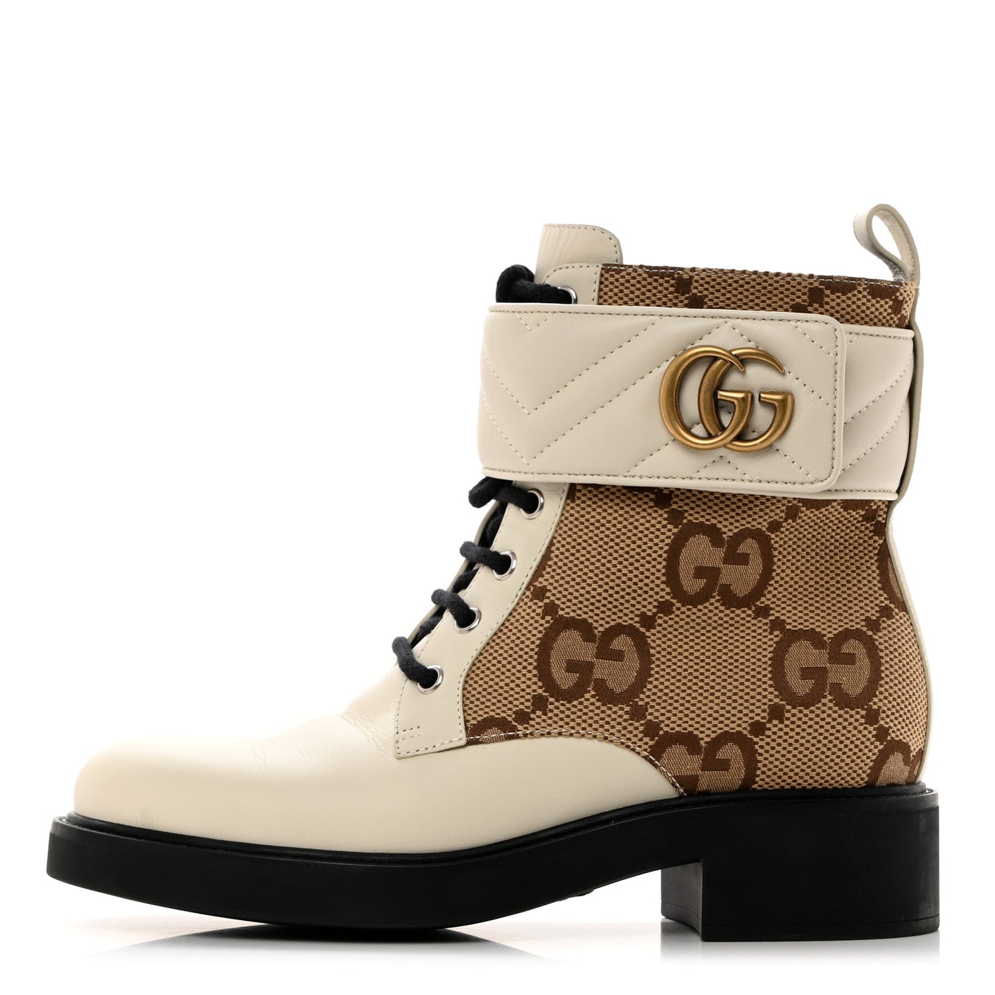 Flores Calfskin Monogram Maxi GG Nappa Matelasse Double G 40mm Ankle Boots 38.5 Mystic White Camel Ebony