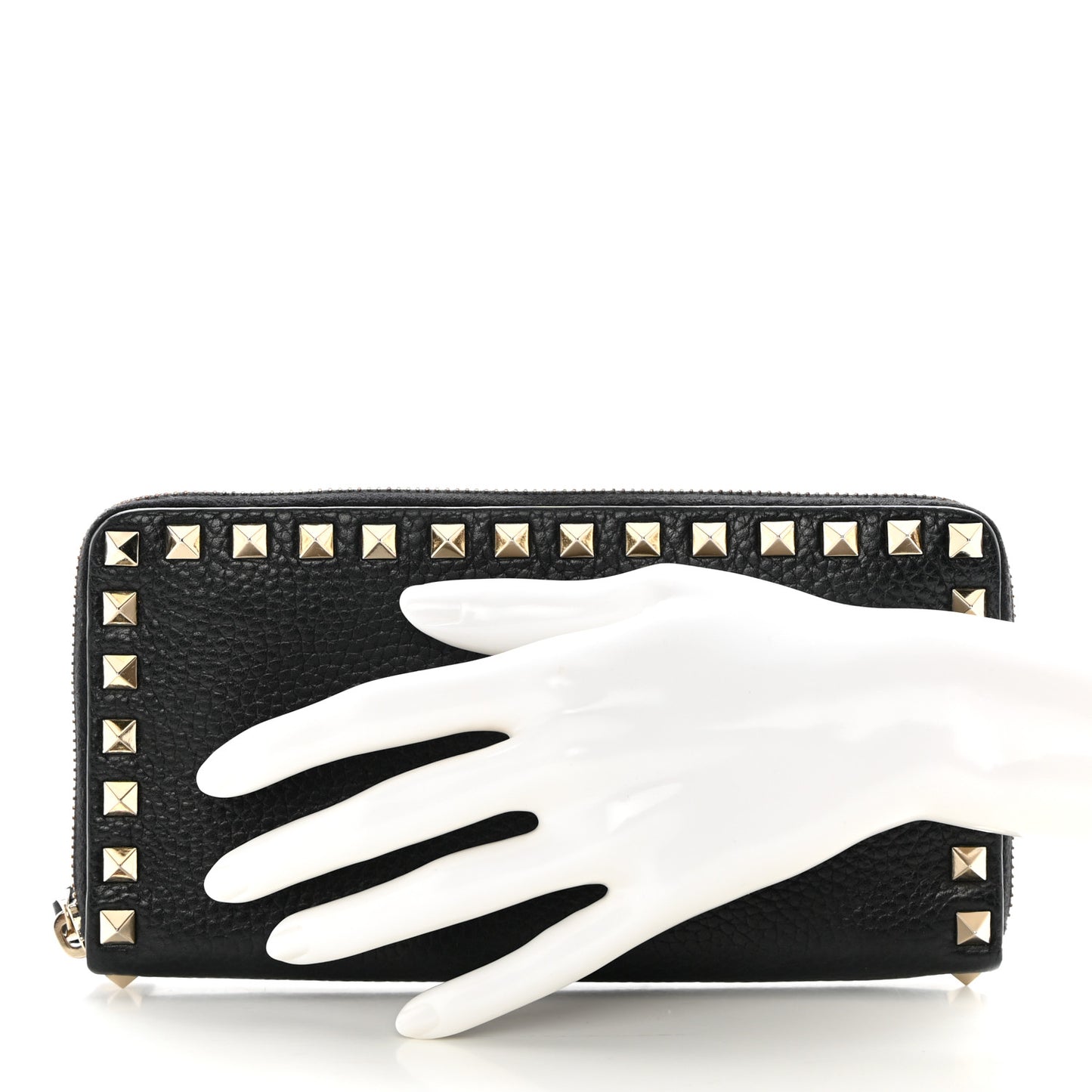 Calfskin Rockstud Zip Around Wallet Black