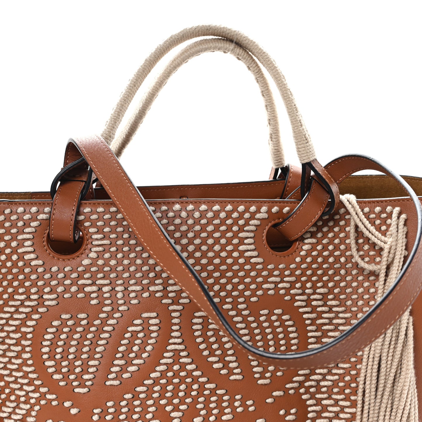 Smooth Calfskin Anagram Fringe Tote Tan