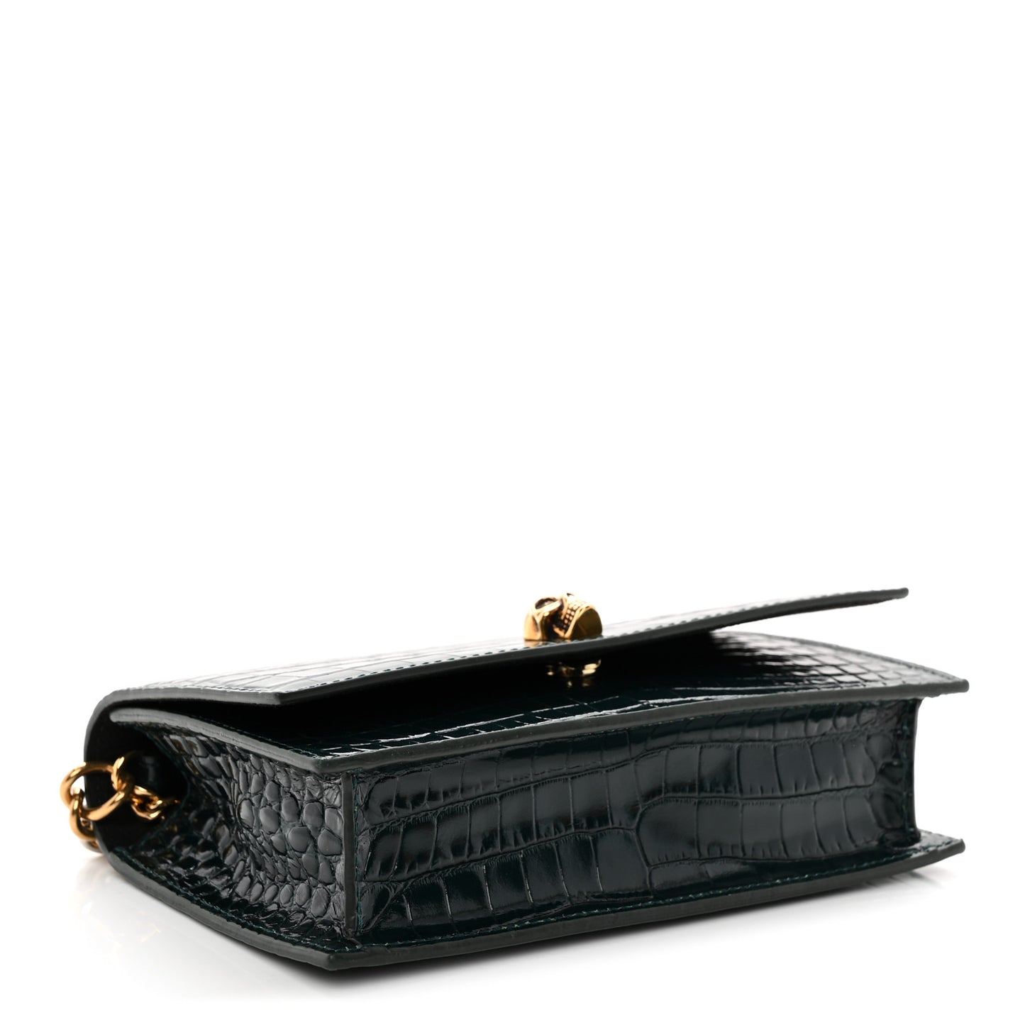 Glazed Calfskin Crocodile Embossed Small Skull Shoulder Bag Green