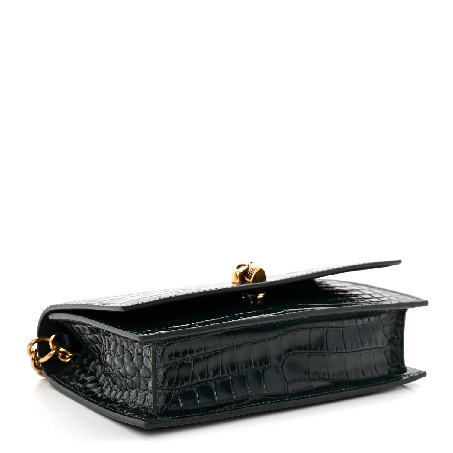 Alexander McQueen Glazed Calfskin Crocodile Embossed Small Skull Shoulder Bag Green 4 of 9