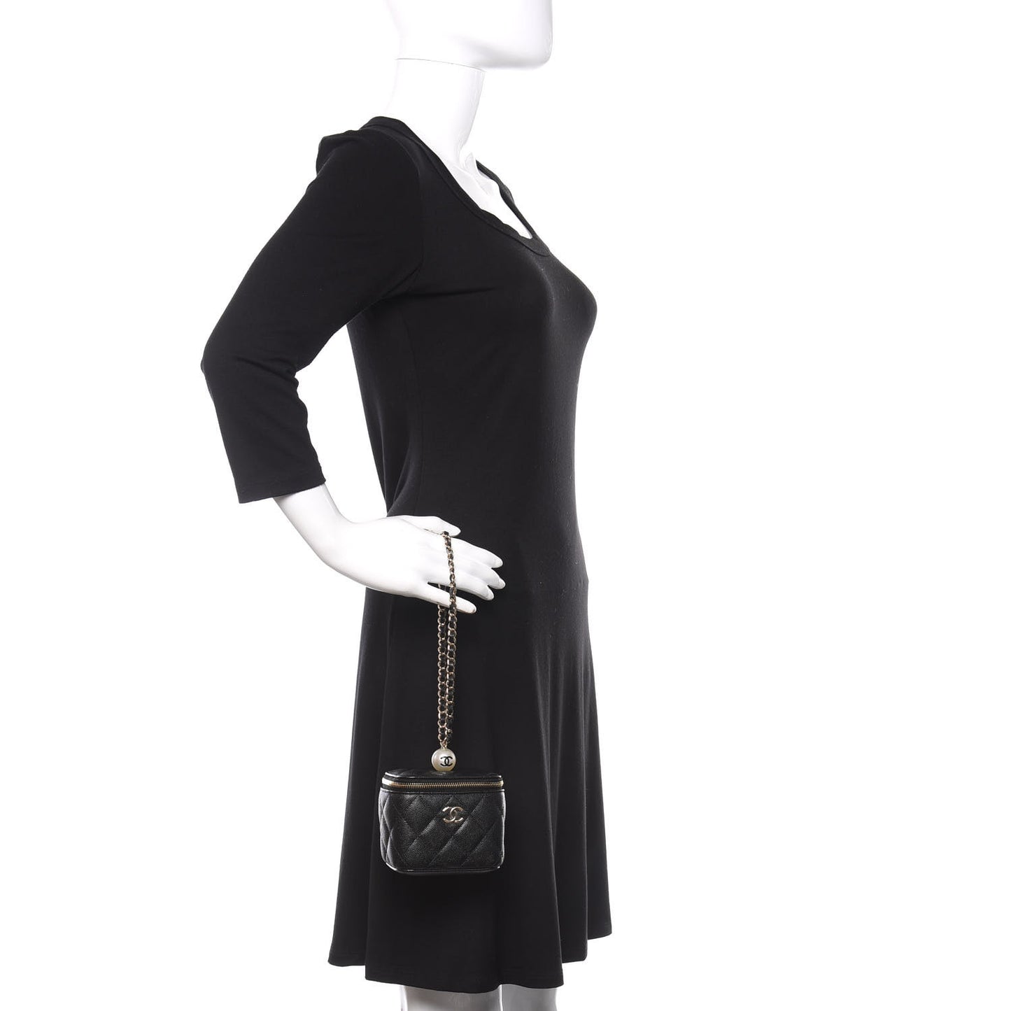 Caviar Quilted Mini Pearl On Top Vanity Case With Chain Black
