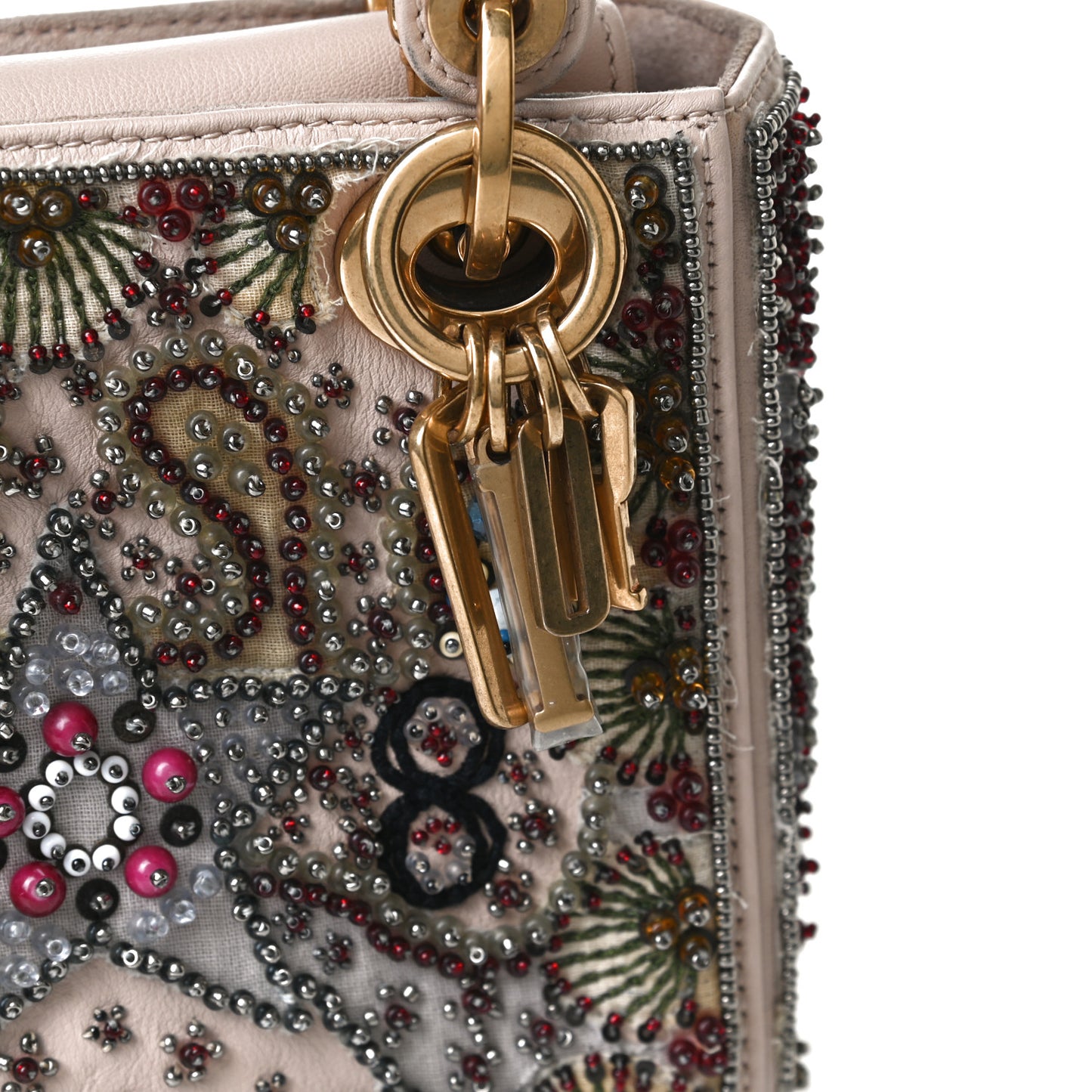 Calfskin Beaded Mini Lady Dior Beige Multicolor