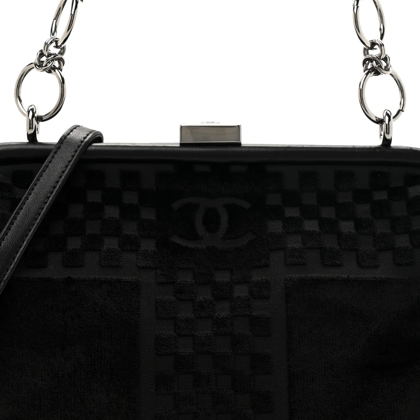 Velvet Checkered Kiss Lock Shoulder Bag Black