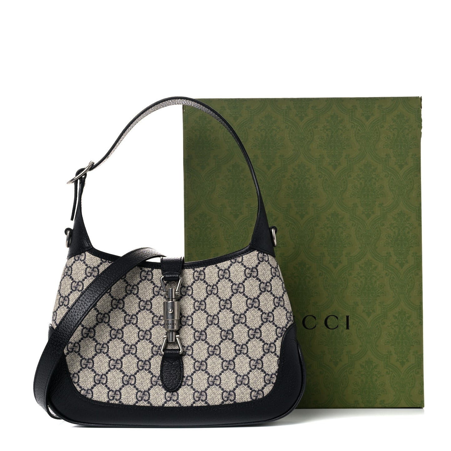 GG Supreme Monogram Textured Dollar Calfskin Web Small Jackie 1961 Hobo Beige Blue