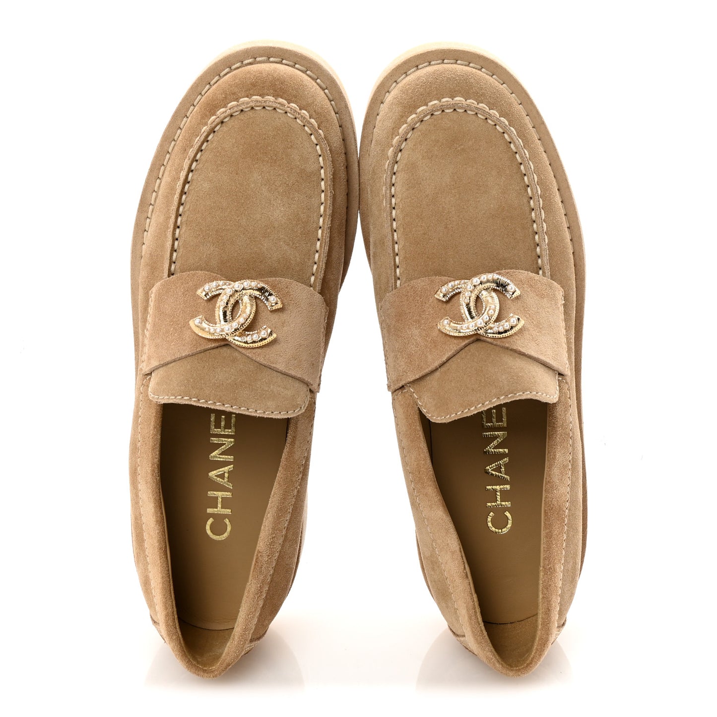 Suede Calfskin Pearl CC Moccasin Loafers 36.5 Dark Beige