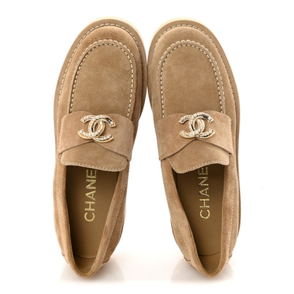 Chanel Suede Calfskin Pearl CC Moccasin Loafers 36.5 Dark Beige 2 of 10