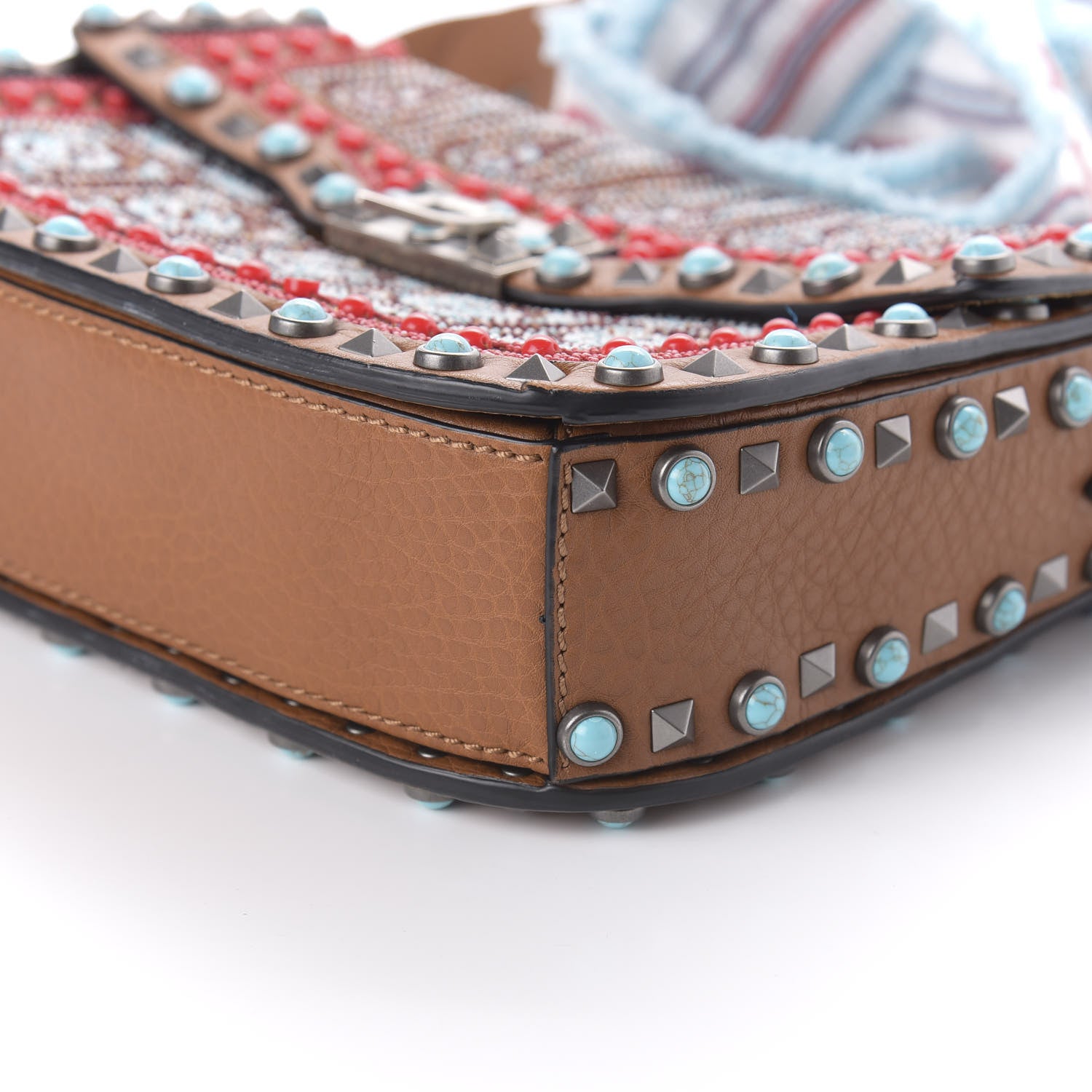 Valentino Garavani Calfskin Embroidered Medium Guitar Strap Rockstud Rolling Flap Saddle Bag Light Cuir 7 of 9