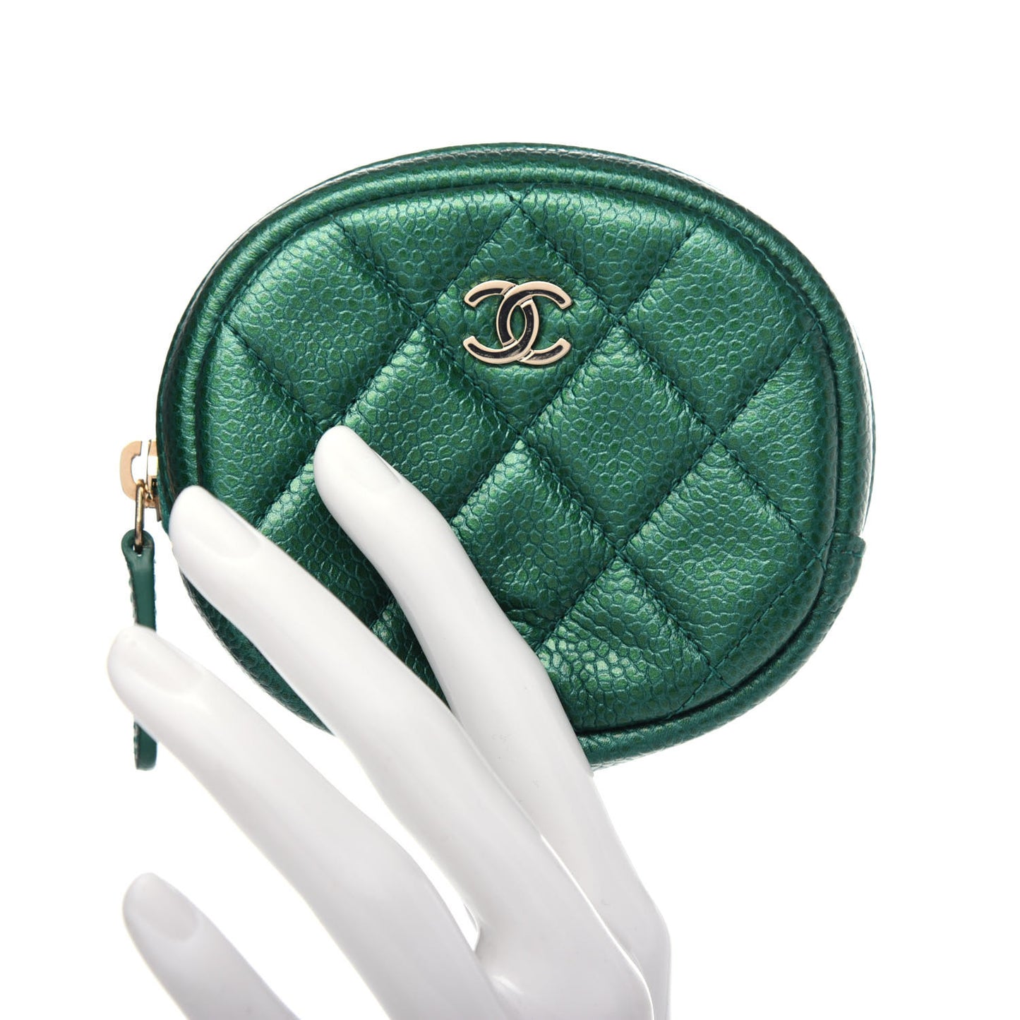 Metallic Caviar Quilted Zip Around Classic Coin Purse Green