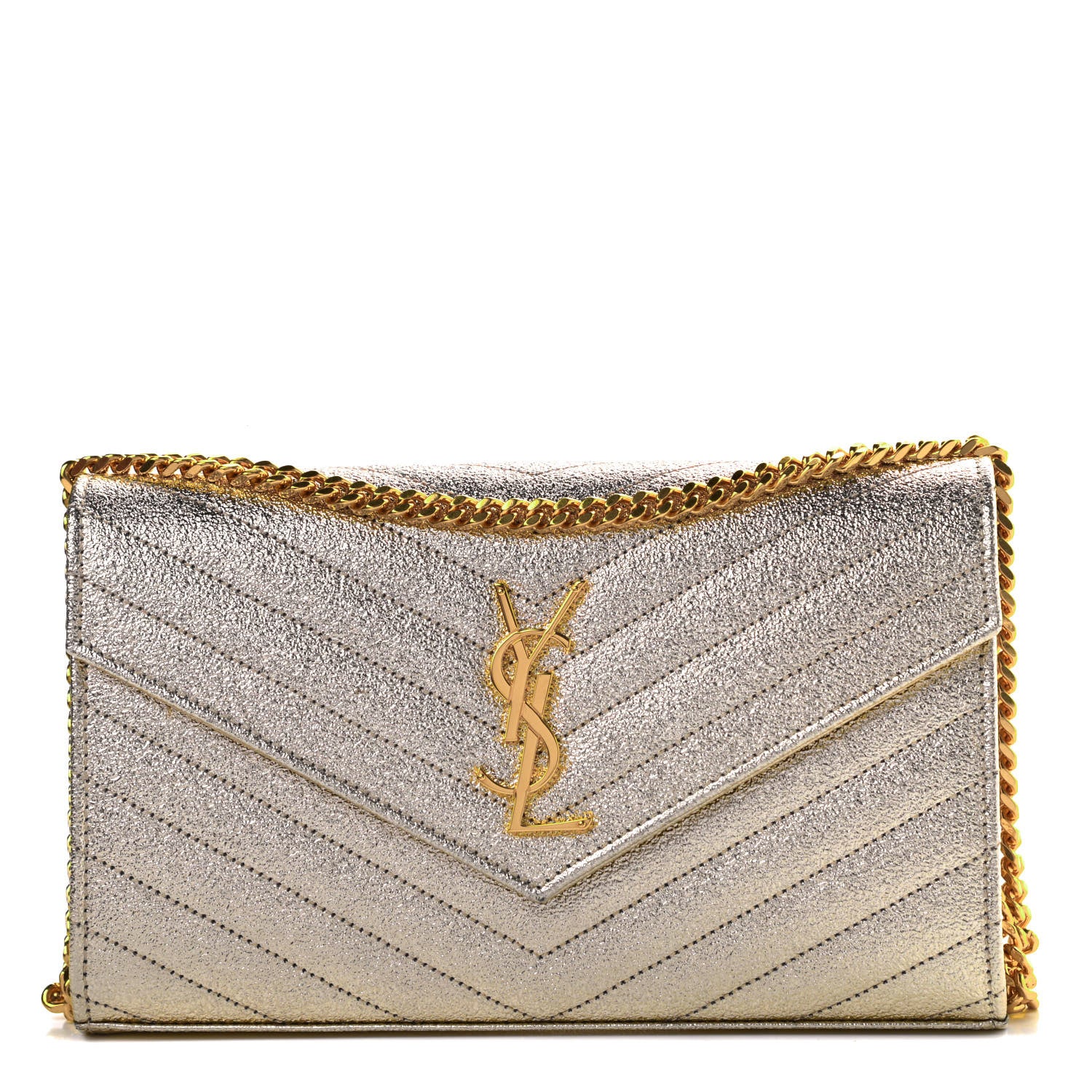Saint Laurent Metallic Grain De Poudre Matelasse Chevron Monogram Chain Wallet Gold 1 of 12