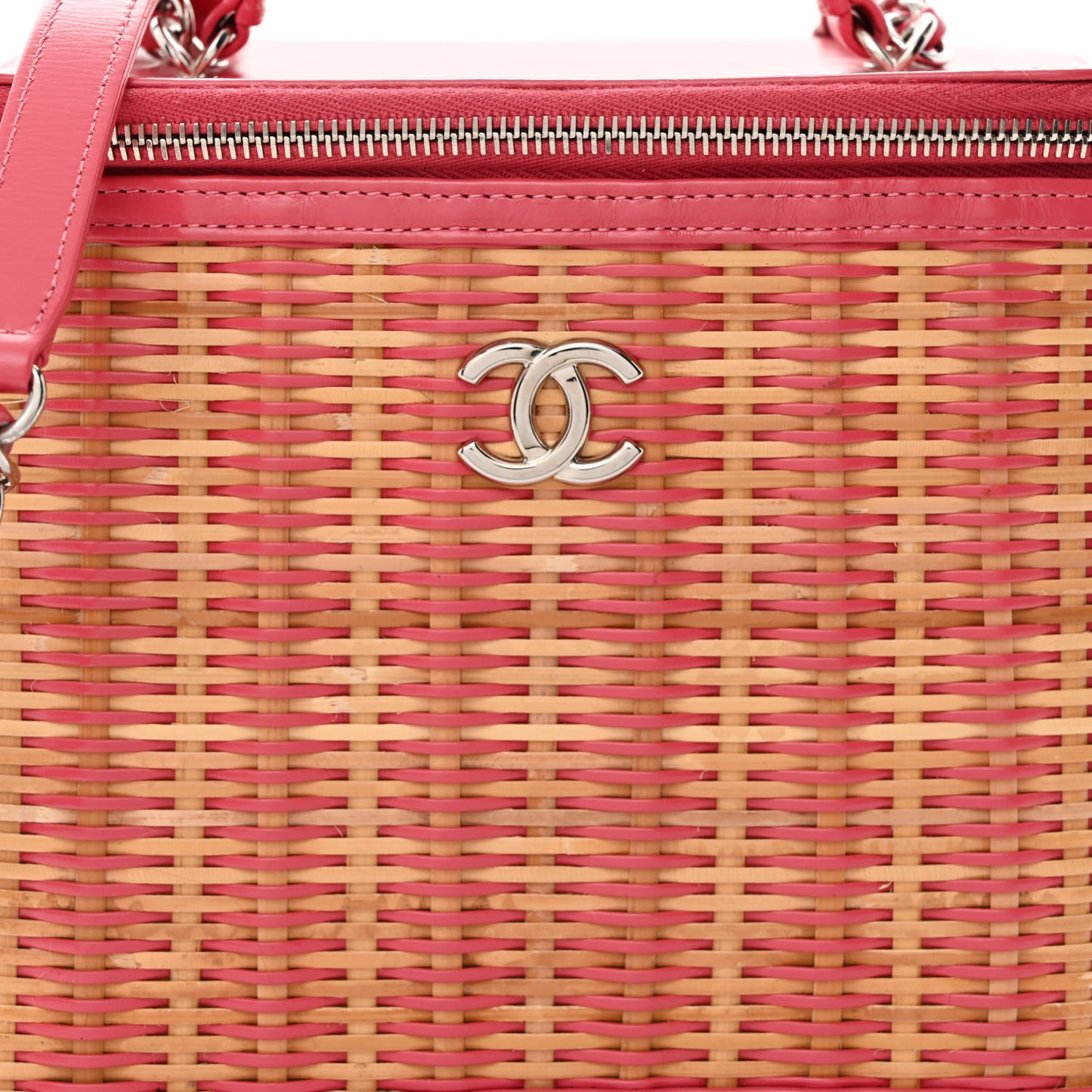 Glazed Calfskin Raffia Vanity Case Bag Pink