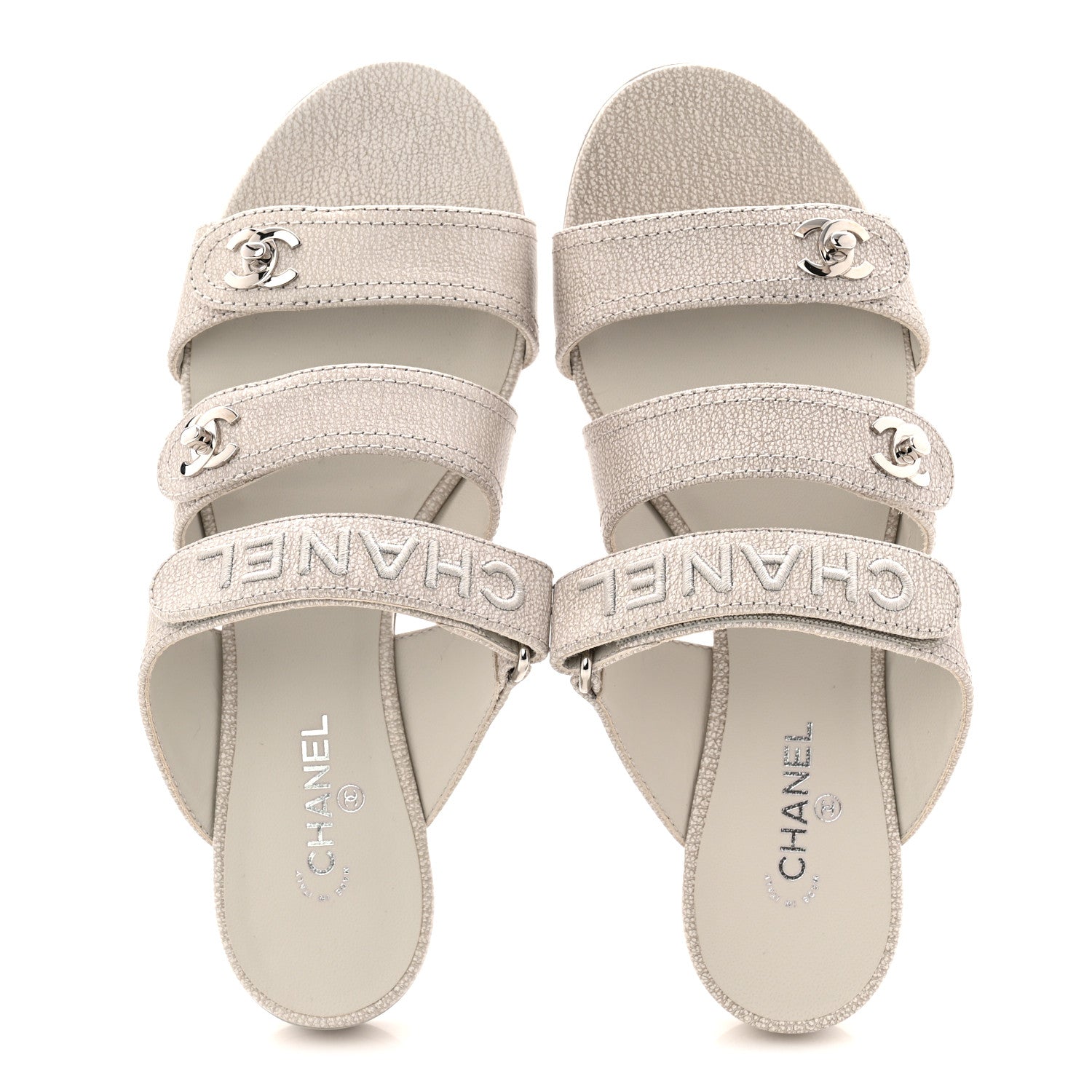 Chanel Iridescent Calfskin Logo CC Turnlock Sandals 37.5 Grey
