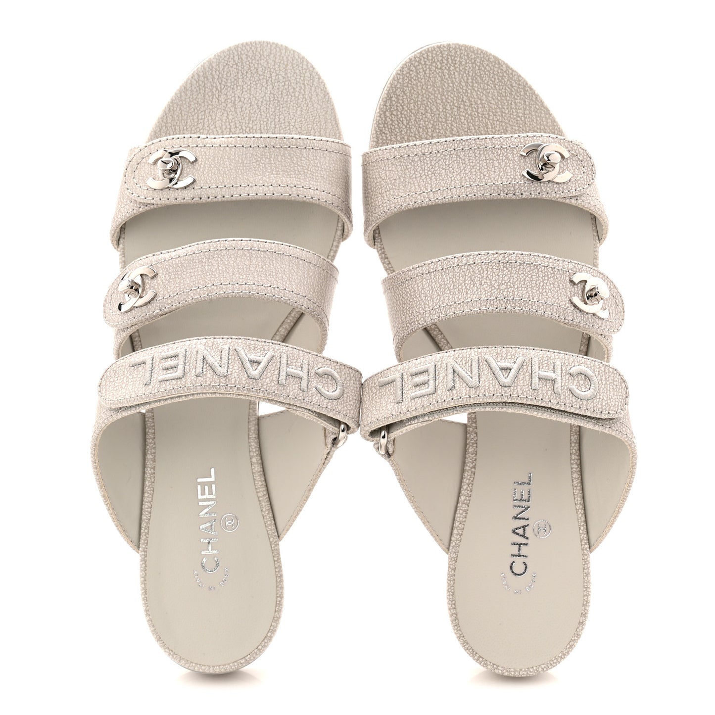 Iridescent Calfskin Logo CC Turnlock Sandals 37.5 Grey