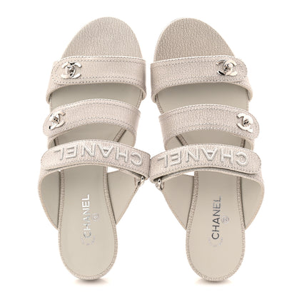 Chanel Iridescent Calfskin Logo CC Turnlock Sandals 37.5 Grey 2 of 10