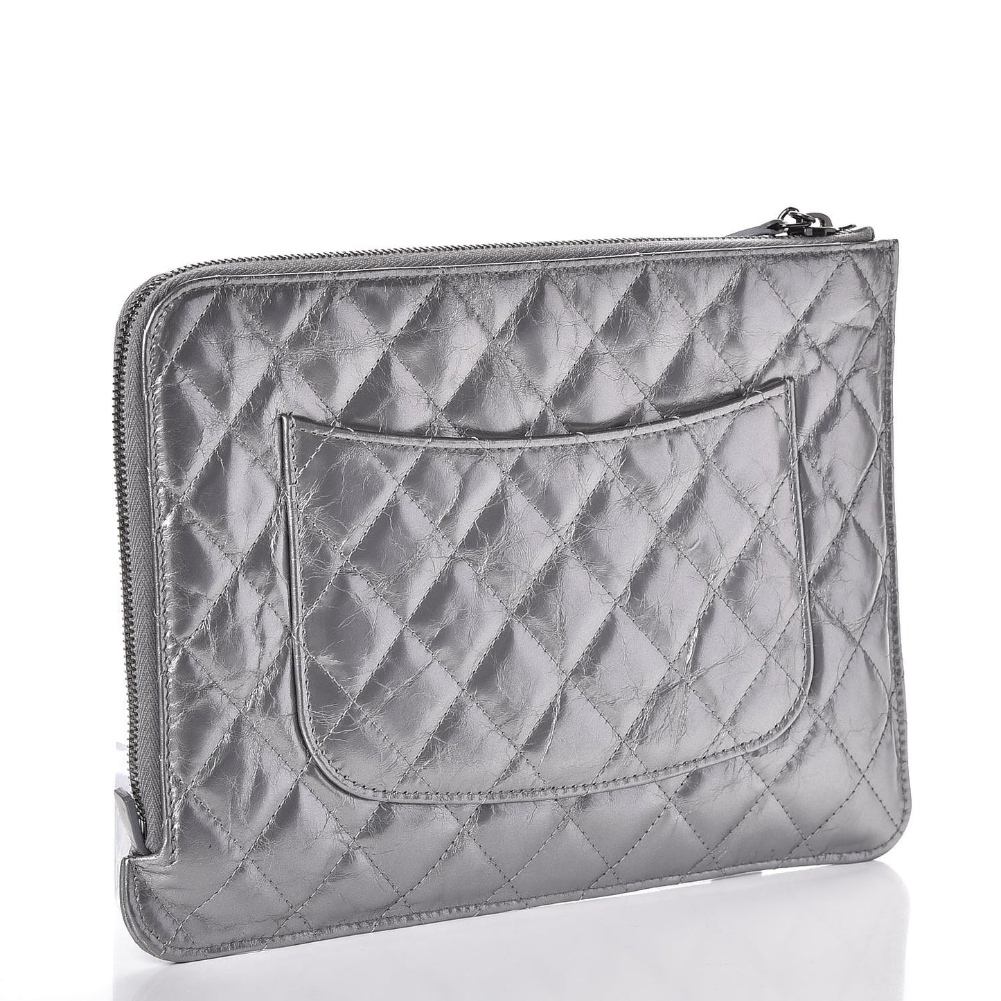 Metallic Aged Calfskin Quilted Medium Document Portfolio Holder Silver