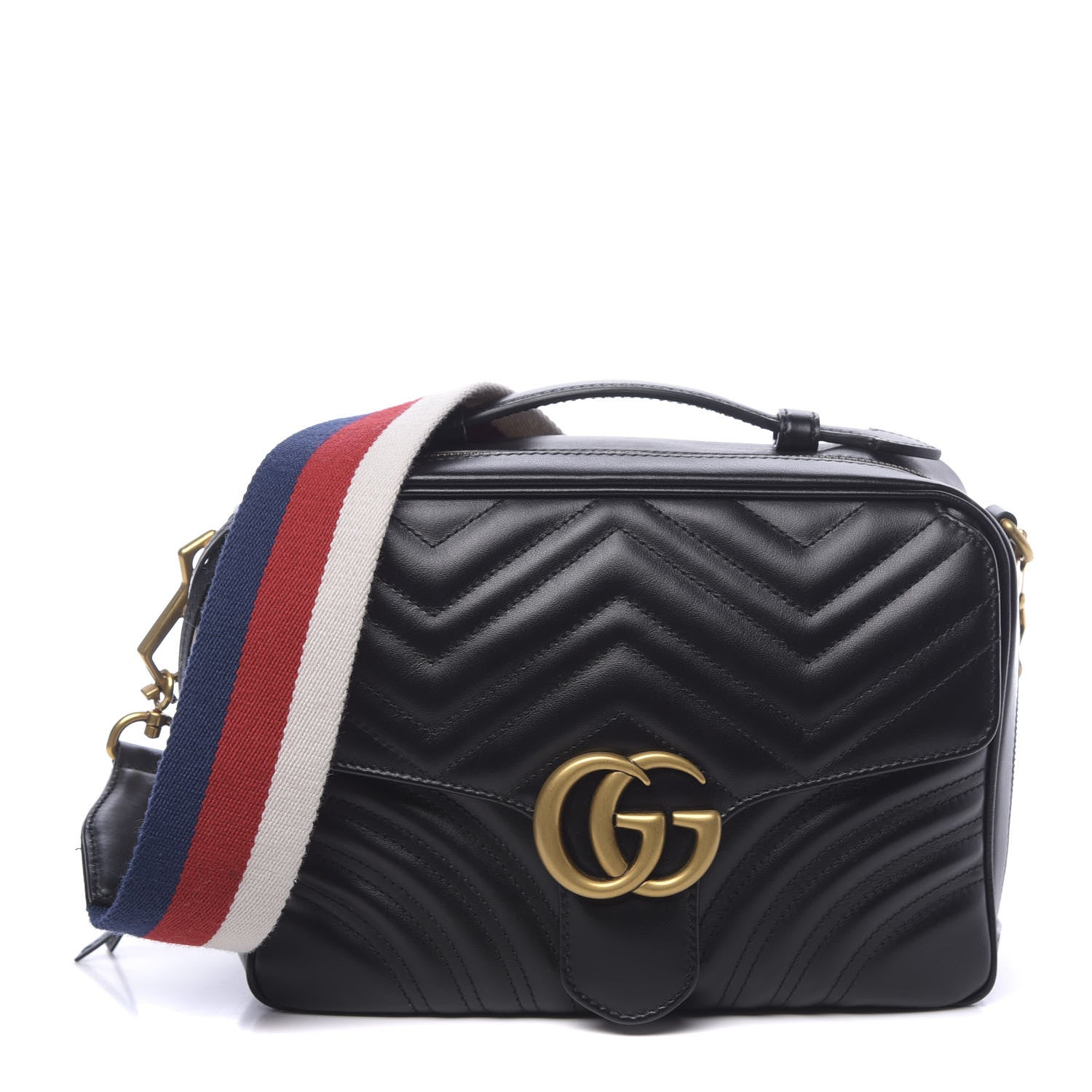 Gucci Calfskin Matelasse Sylvie Web Small GG Marmont Top Handle Shoulder Bag Black 1 of 11