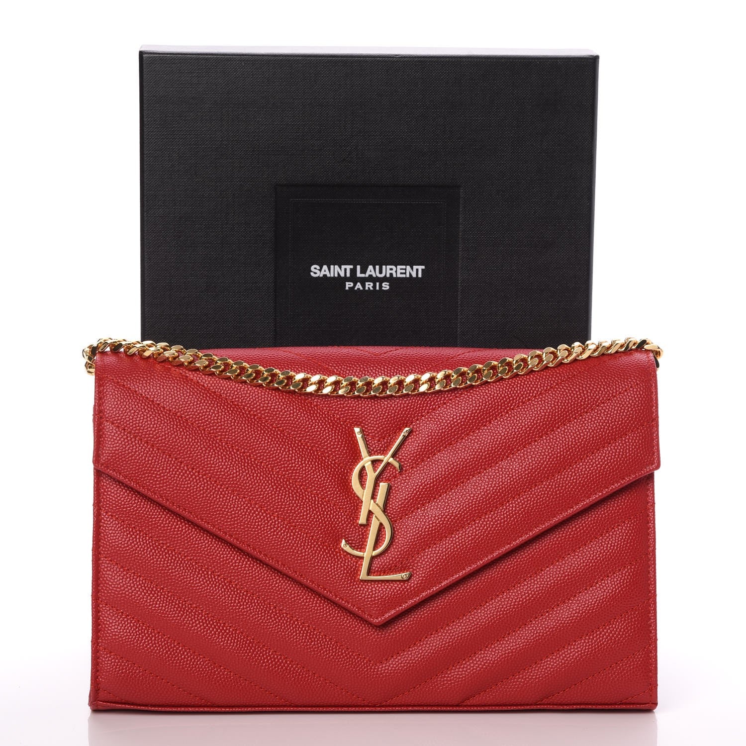 Saint Laurent Grain De Poudre Matelasse Chevron Monogram Chain Wallet New Red 9 of 9