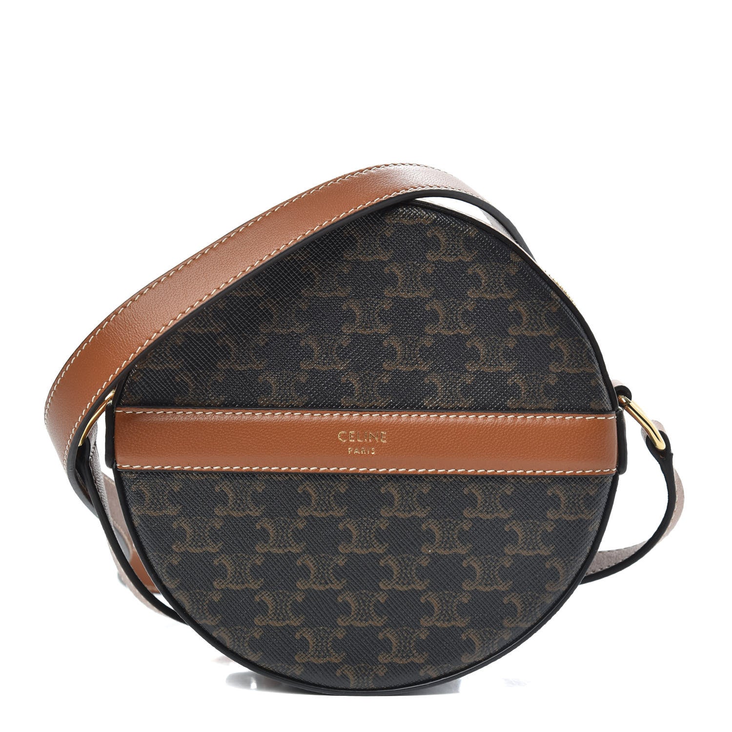 Celine Lambskin Triomphe Canvas Round Purse On Strap Black Tan 1 of 9