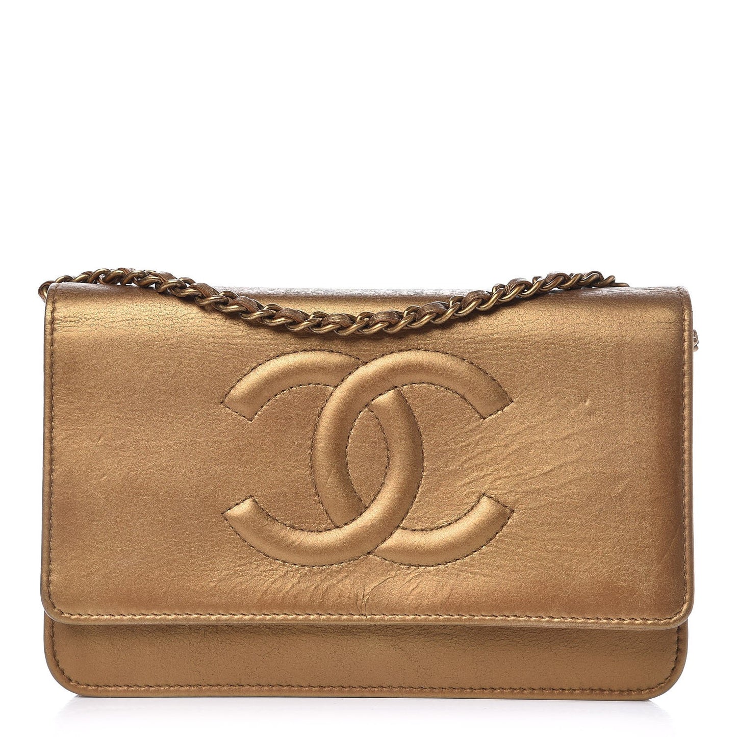 Metallic Lambskin Timeless Wallet on Chain WOC Gold