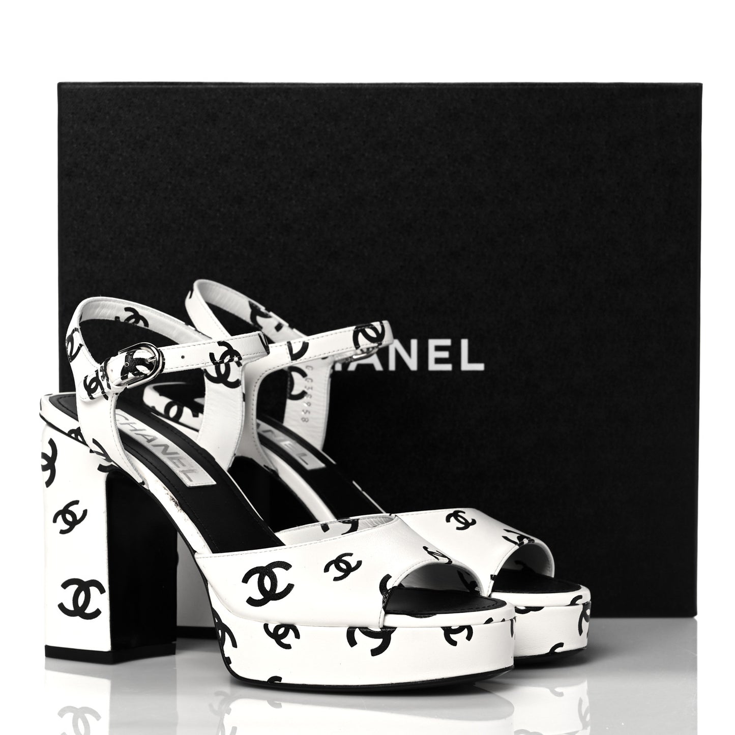 Printed Lambskin Coco Beach Platform Sandals 38 White Black