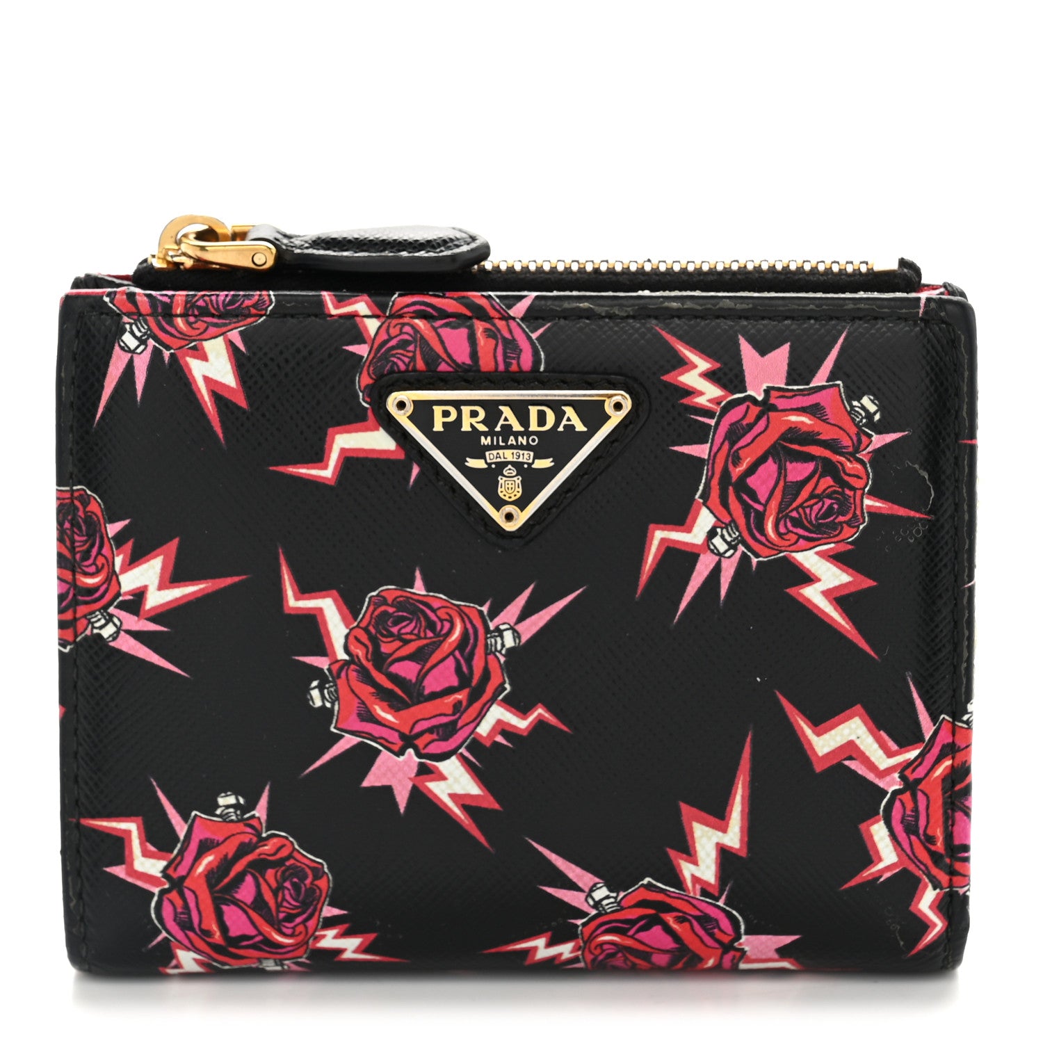 Prada X UNIVERSAL STUDIOS Saffiano Frankenstein Rose Zip Top Compact Wallet Lacca 1 of 8