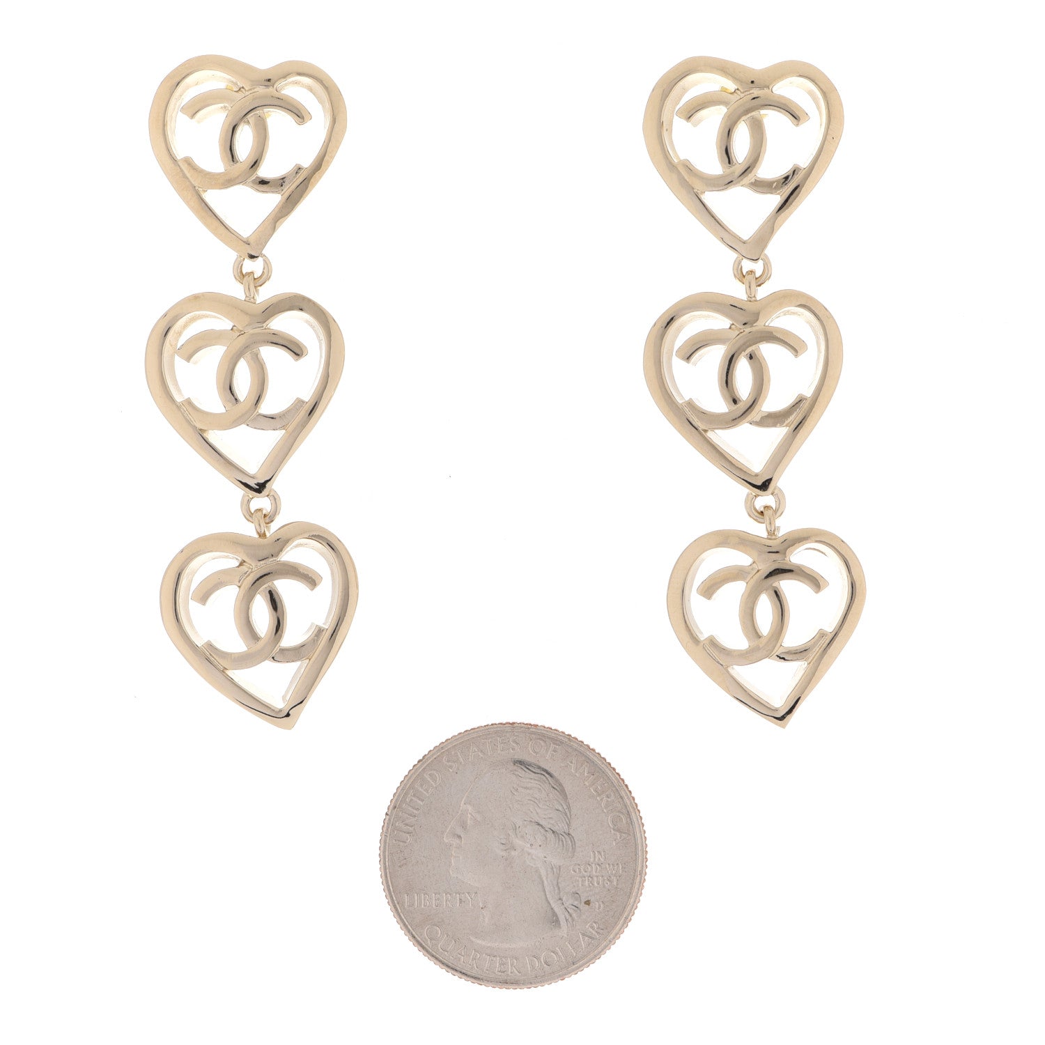 Chanel Metal CC Triple Heart Coco In Love Drop Earrings Gold 2 of 5