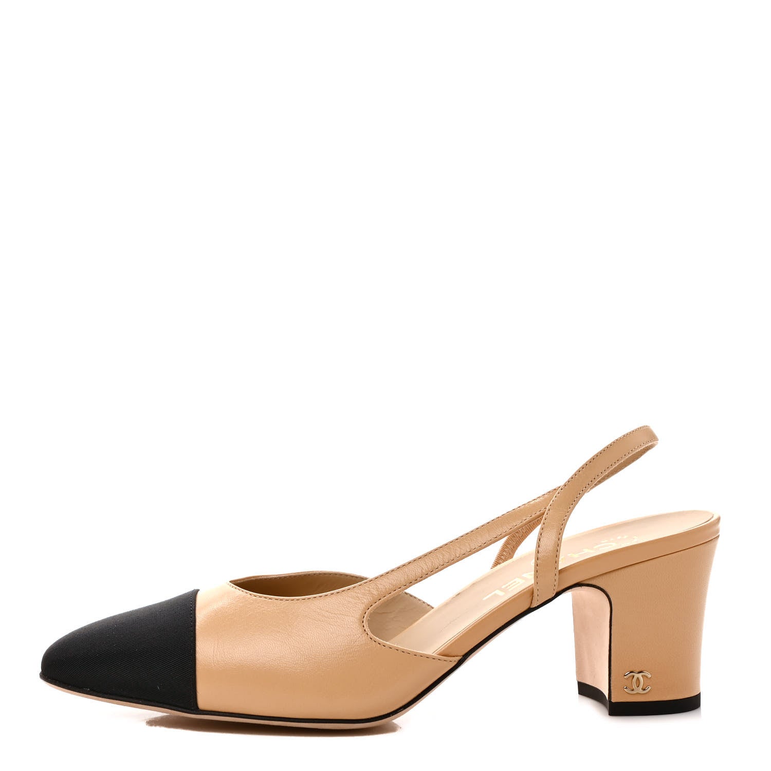 Chanel Goatskin Grosgrain Cap Toe CC Slingback Pumps 40 Beige Black 1 of 9