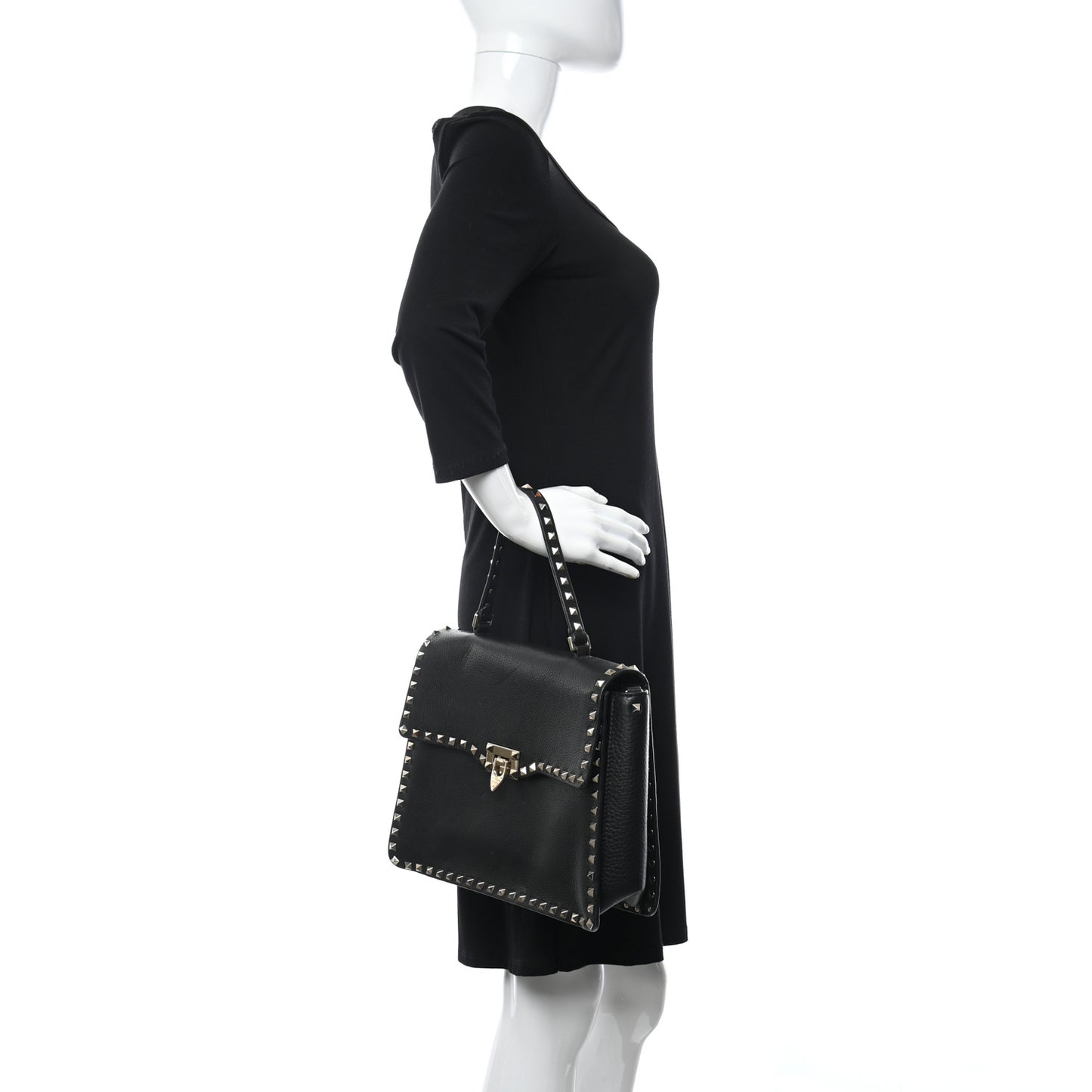Grained Calfskin Rockstud Top Handle Flap Shoulder Bag Black