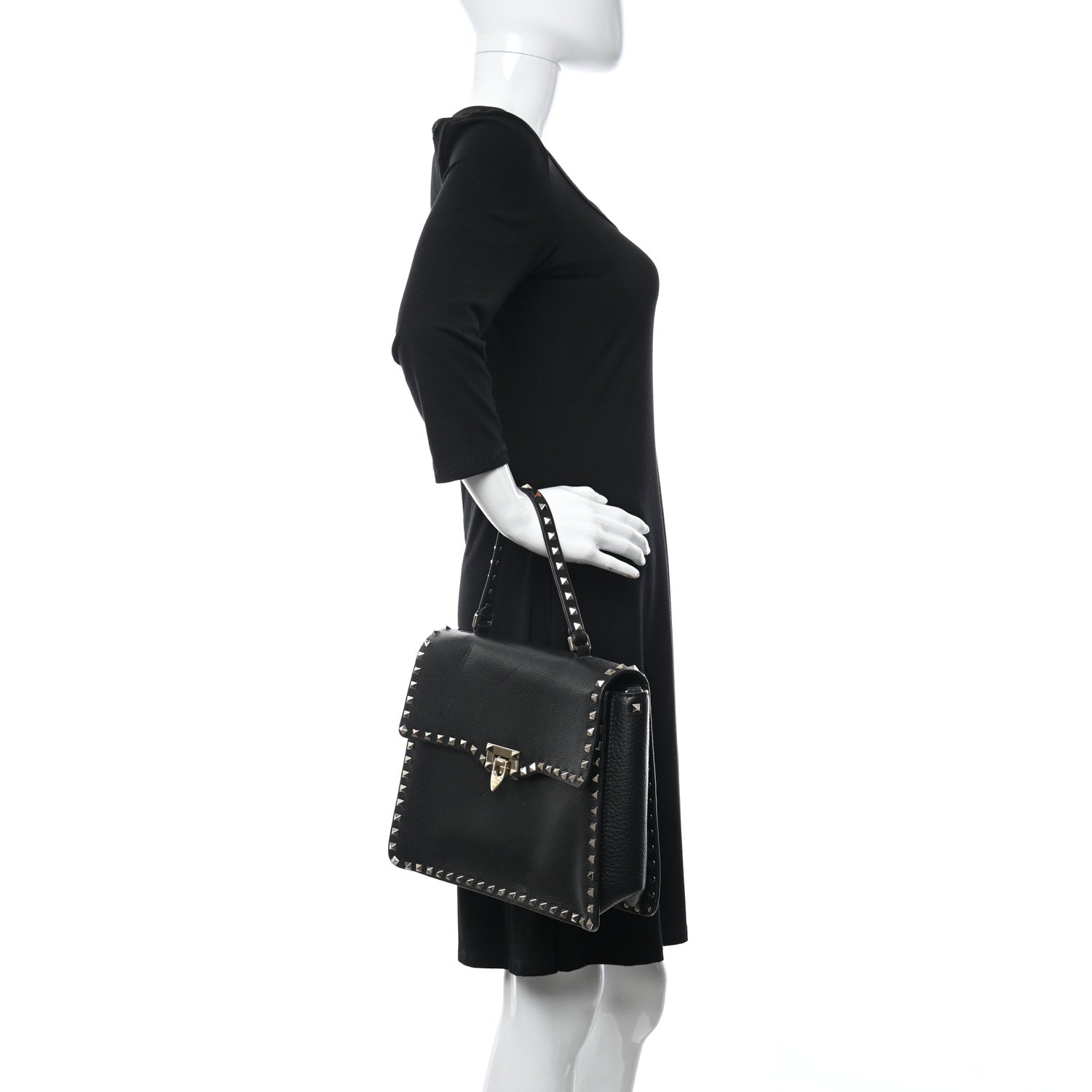 Valentino Garavani Grained Calfskin Rockstud Top Handle Flap Shoulder Bag Black 2 of 10