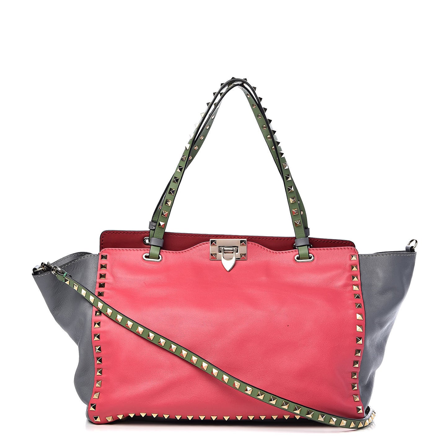 Vitello Colorblock Medium Rockstud Tote Deep Rose Clover Grey Scarlet