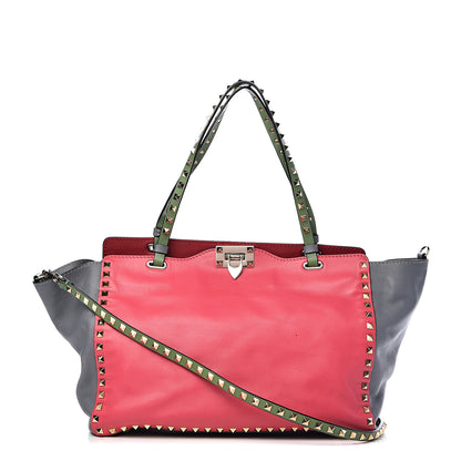 Valentino Garavani Vitello Colorblock Medium Rockstud Tote Deep Rose Clover Grey Scarlet 1 of 14