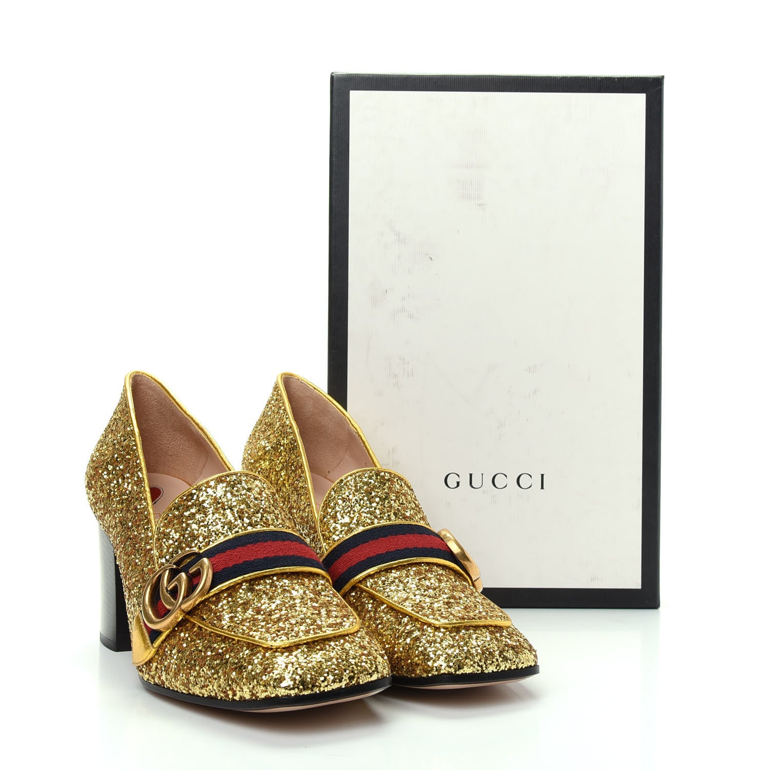 Gucci Glitter Nappa Web Peyton 75mm Loafer Pumps 38.5 Oro Vecchio 11 of 11