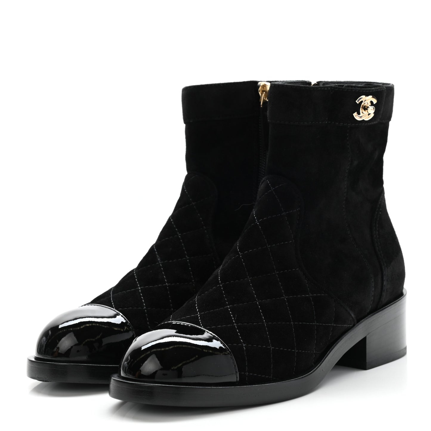 Suede Patent Calfskin Quilted Cap Toe Short Boots 37 Black