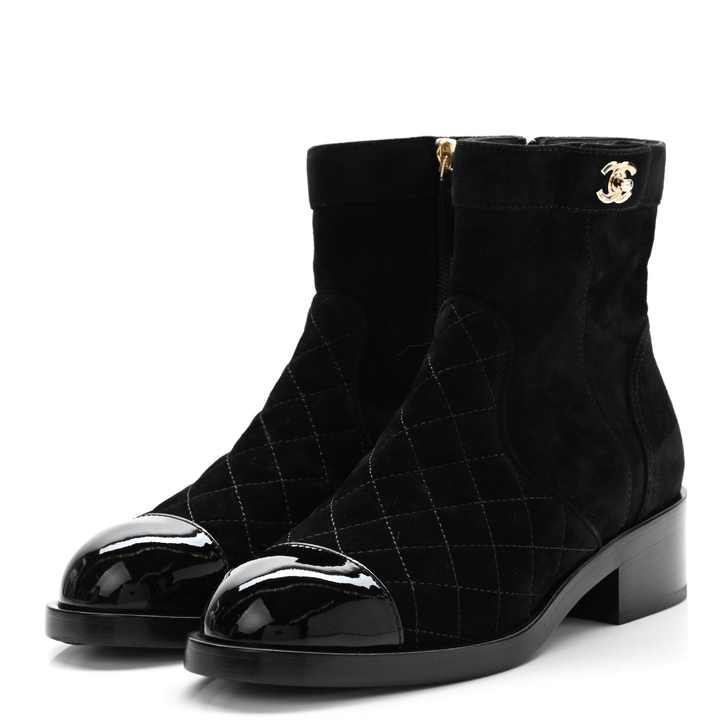 Chanel Suede Patent Calfskin Quilted Cap Toe Short Boots 37 Black 3 of 8