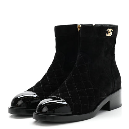 Chanel Suede Patent Calfskin Quilted Cap Toe Short Boots 37 Black 3 of 8