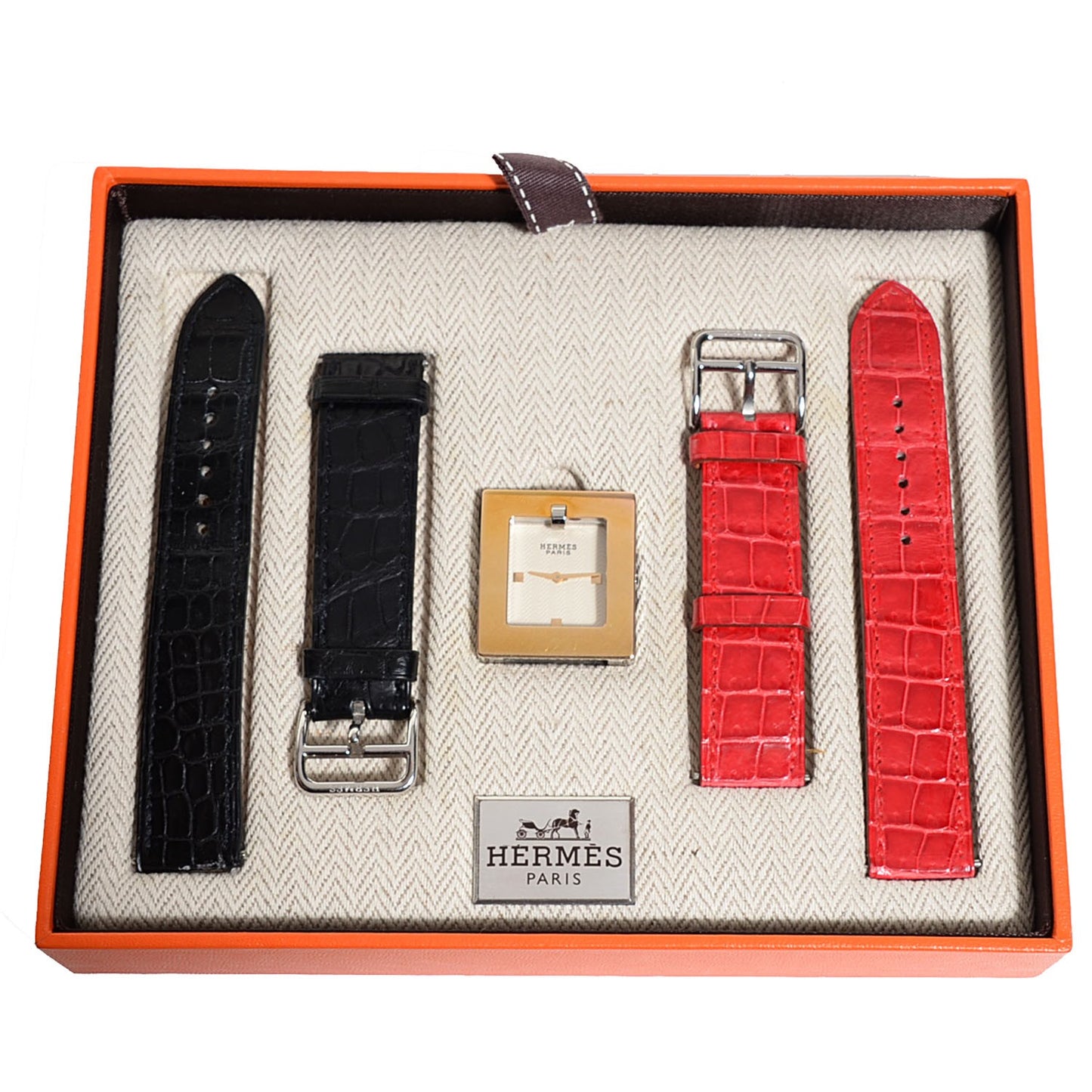 Shiny Porosus Crocodile 26mm SS Belt Quartz Watch Noir and Rouge Vif