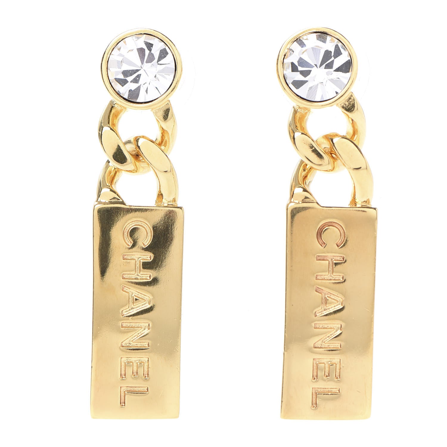 Chanel Crystal Tag Drop Earrings Gold 1 of 5