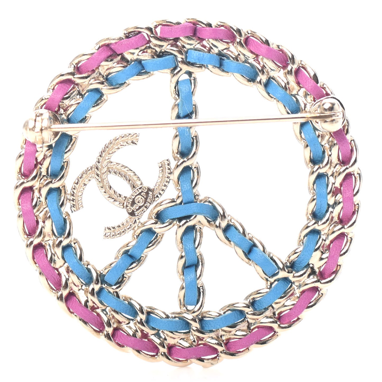 Metal Calfskin Braided Peace Sign CC Brooch Blue Purple Gold