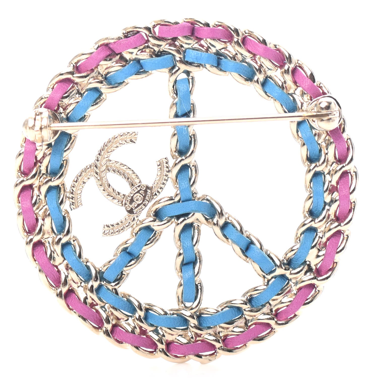 Chanel Metal Calfskin Braided Peace Sign CC Brooch Blue Purple Gold 2 of 3