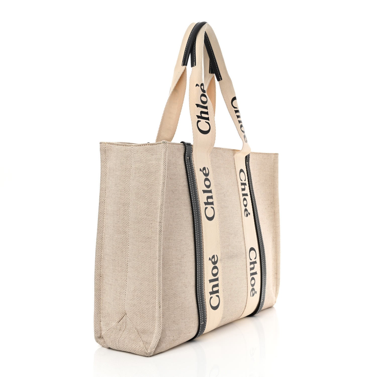 Chloe Cotton Calfskin Large Woody Ribbon Tote White Black 3 of 14
