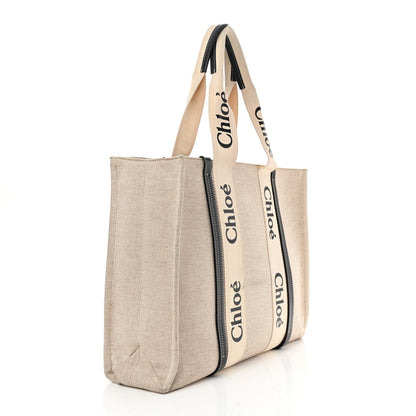 Chloe Cotton Calfskin Large Woody Ribbon Tote White Black 3 of 14