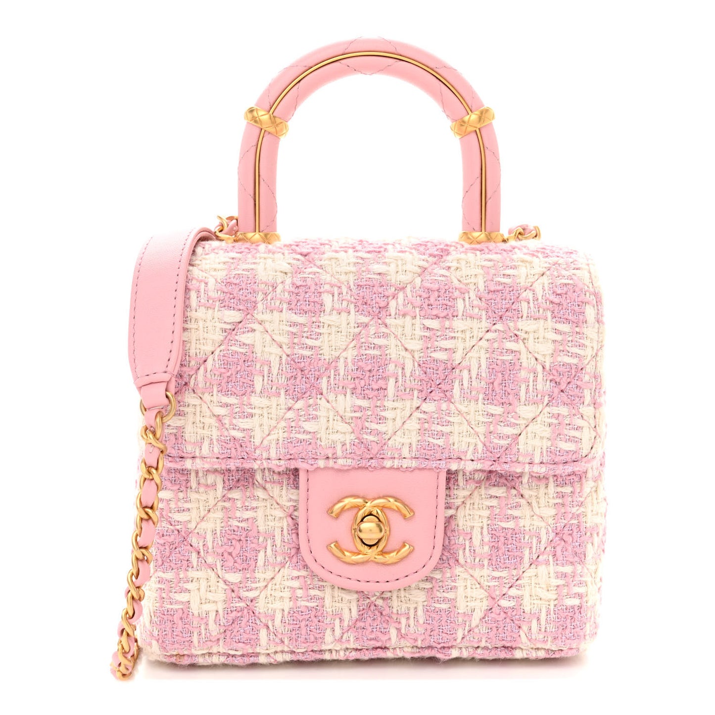 Tweed Handle Crush Top Handle Flap Bag Pink Ecru