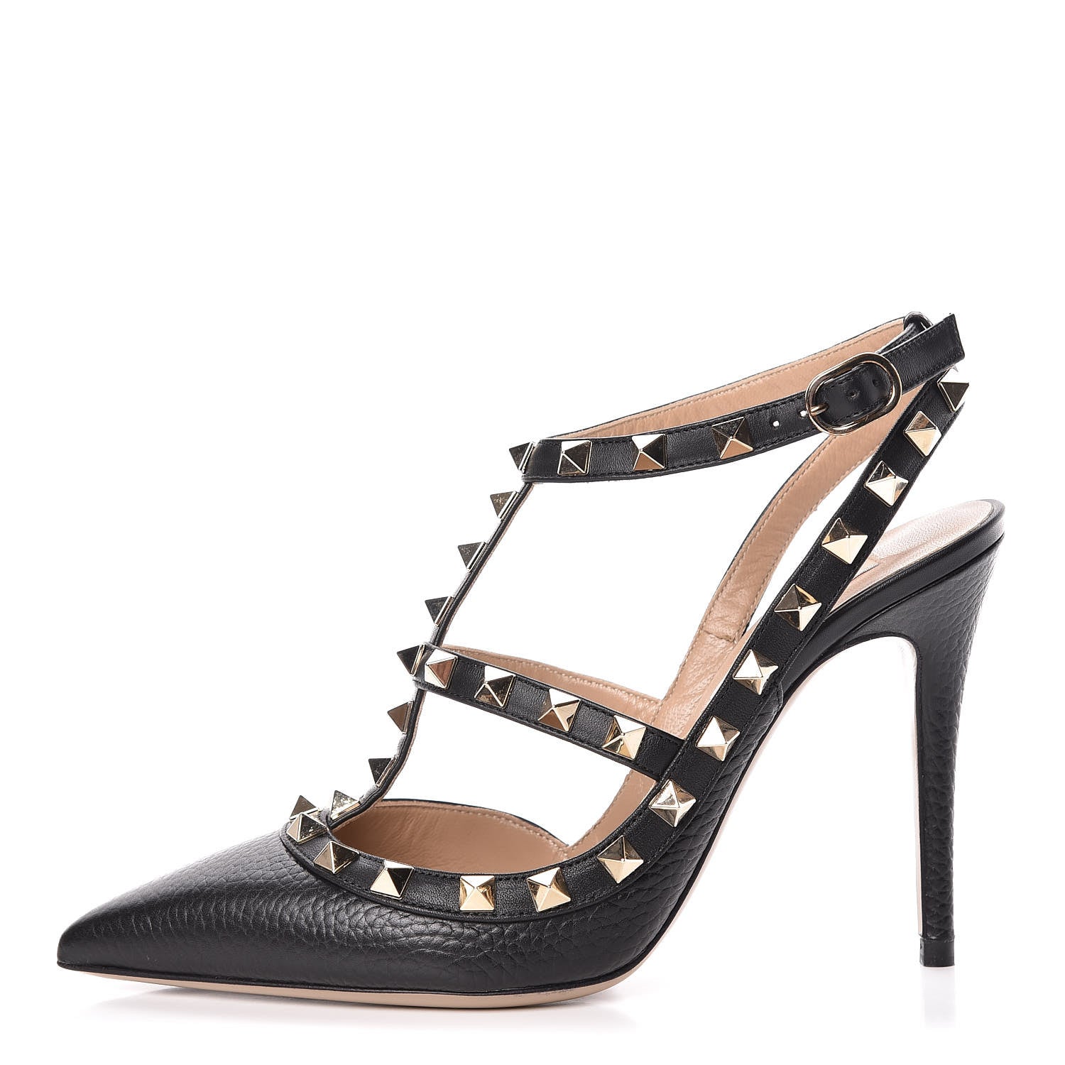 Valentino Garavani Pebbled Calfskin Rockstud Ankle Strap Pumps 36 Black 1 of 10