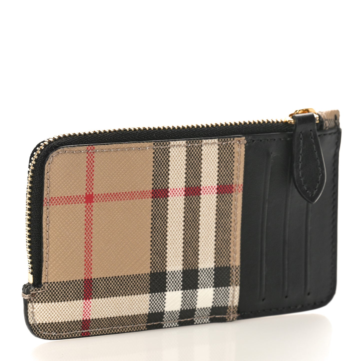 Check Calfskin Zip Card Case Holder Black