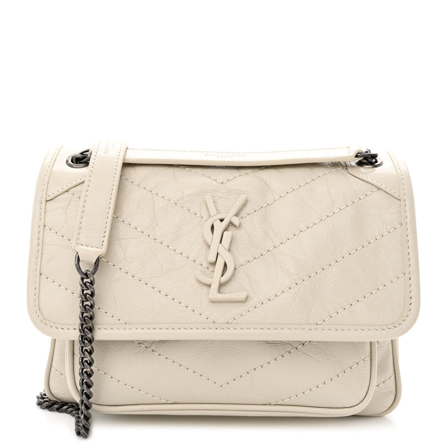 Crinkled Calfskin Matelasse Monogram Baby Niki Chain Satchel Ivory