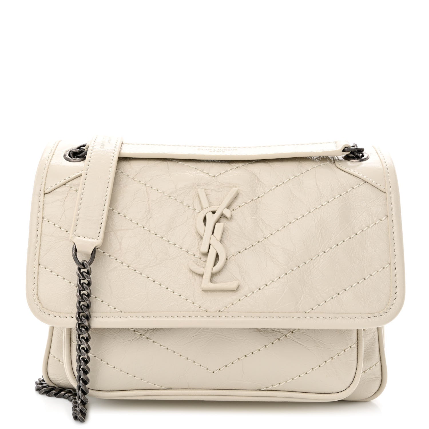 Saint Laurent Crinkled Calfskin Matelasse Monogram Baby Niki Chain Satchel Ivory 1 of 10