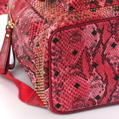 MCM Snakeskin Embossed Visetos Studded Medium Stark Backpack Red Pink 7 of 12
