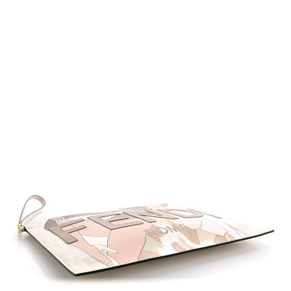Fendi Glazed Fabric Vitello Liberty FF 1974 Logo Bikini Girls Inlay Large Flat Pouch Bianco Perla Multicolor 4 of 8