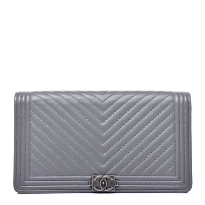 Chanel Calfskin Chevron Quilted Boy Yen Wallet Grey 1 of 12