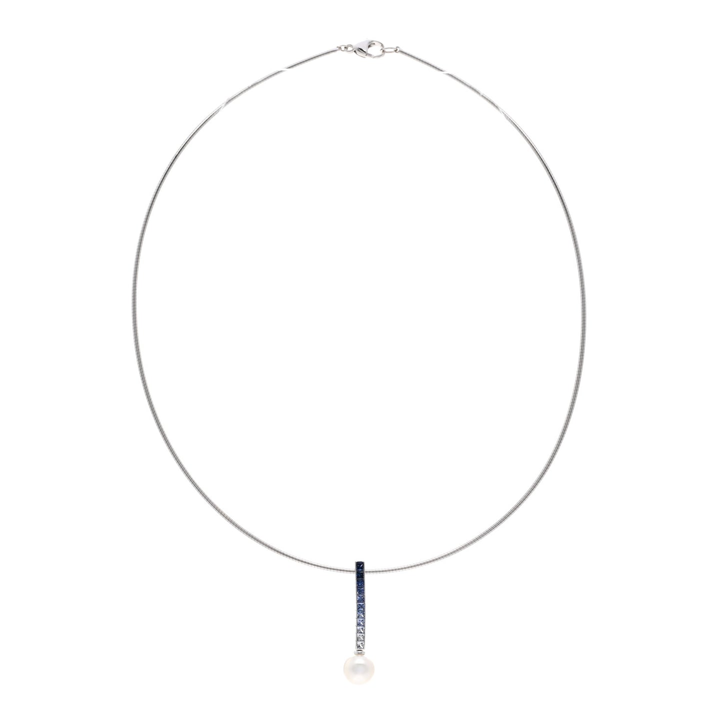 18K White Gold Blue Sapphire Akoya Pearl 8mm Ocean Pendant Necklace